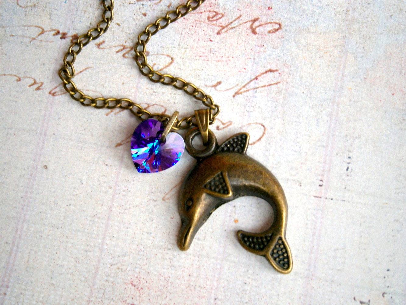 Delphine pendant  whit swarovski heliotrope violet heart 10mm bronce chain 18" ready to ship nautic saylor titanic heart Valentine's day