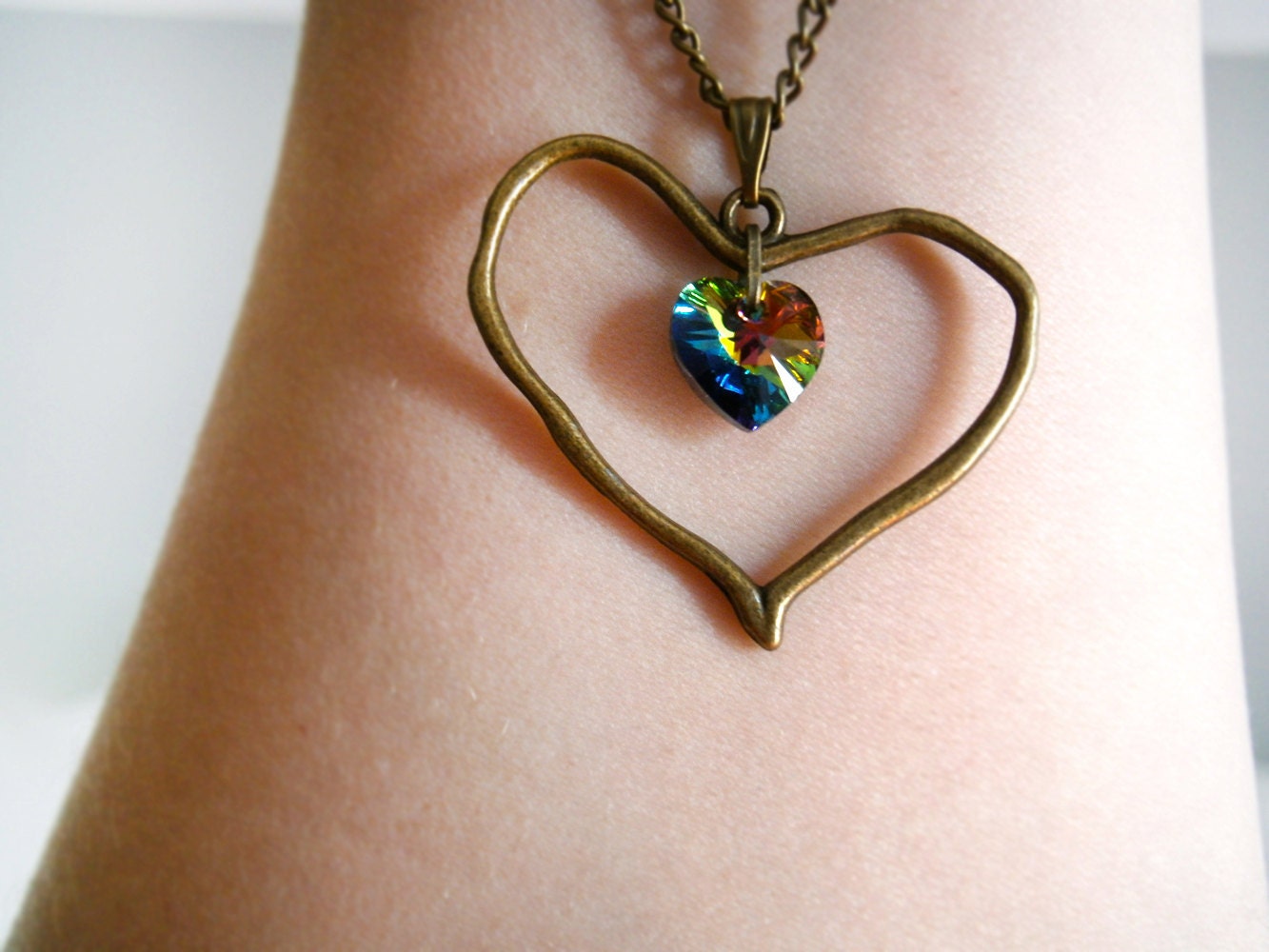 Heart pendant green heart 10mm swarovski Bronze chain 18" ready to ship Vitral Medium Valentine's day