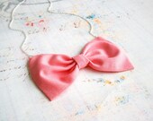 Coral pink bow necklace Fabric bow tie pendant with silver chain 20"  candy Easter gift Mother's day gift