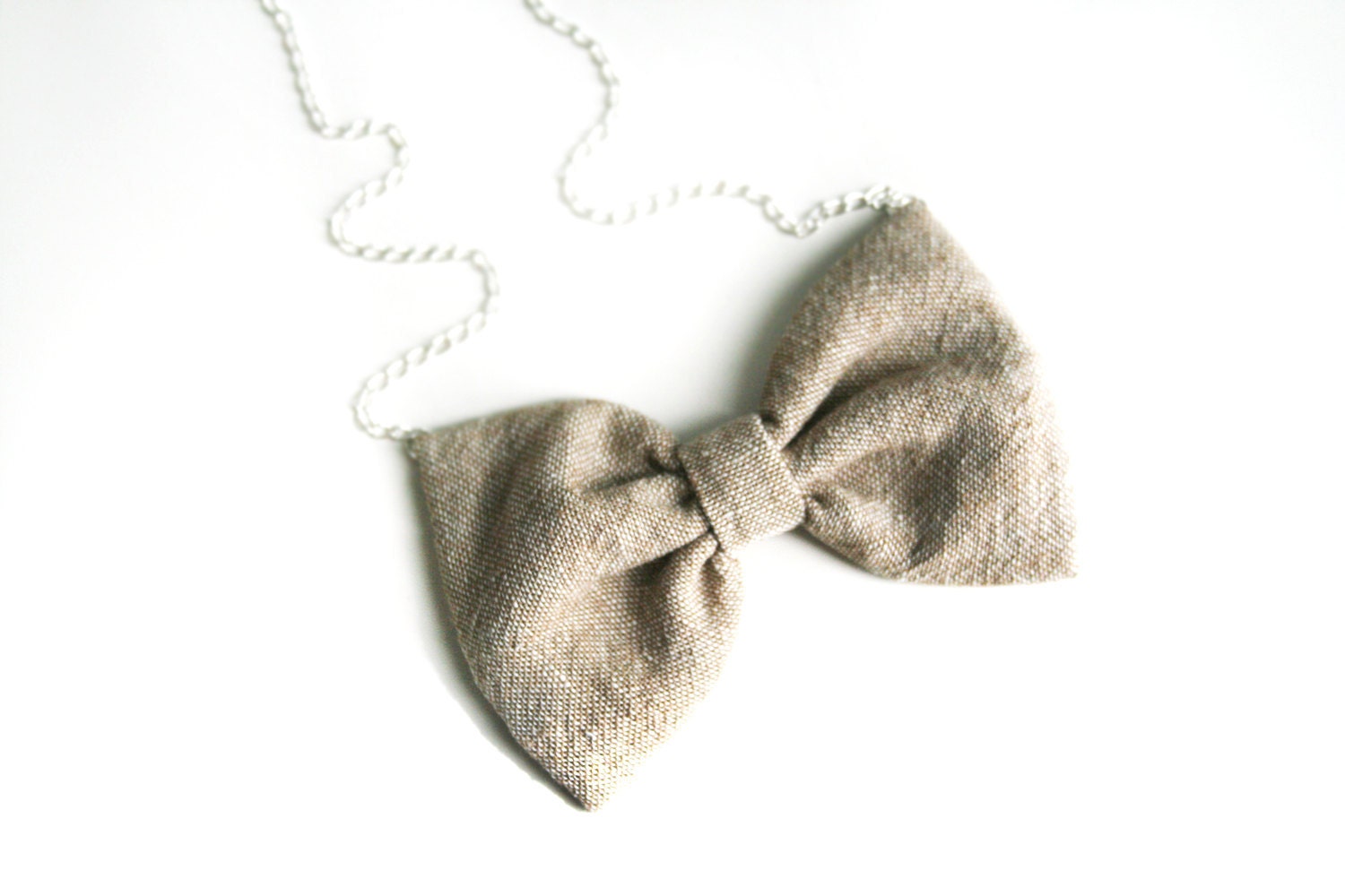 Natural Linen bow tie necklace,  Fabric bow pendant, Silver chain 20"  beige fabric bow Kawaii Lolita