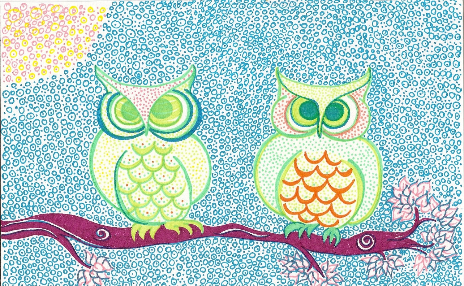 Two Owls Drawing. Original Sharpie Drawing on Paper.
