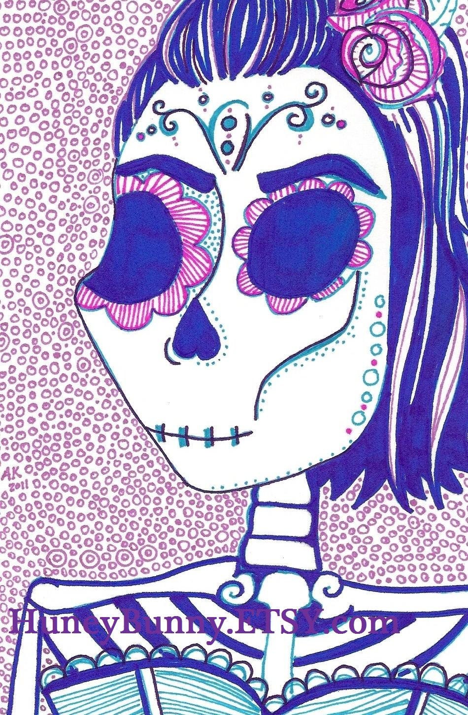 Lady Skeleton. Original DaY Of The Dead Drawing. Sugar Skull artwork with Sharpies.  Dia De Los Muertos.