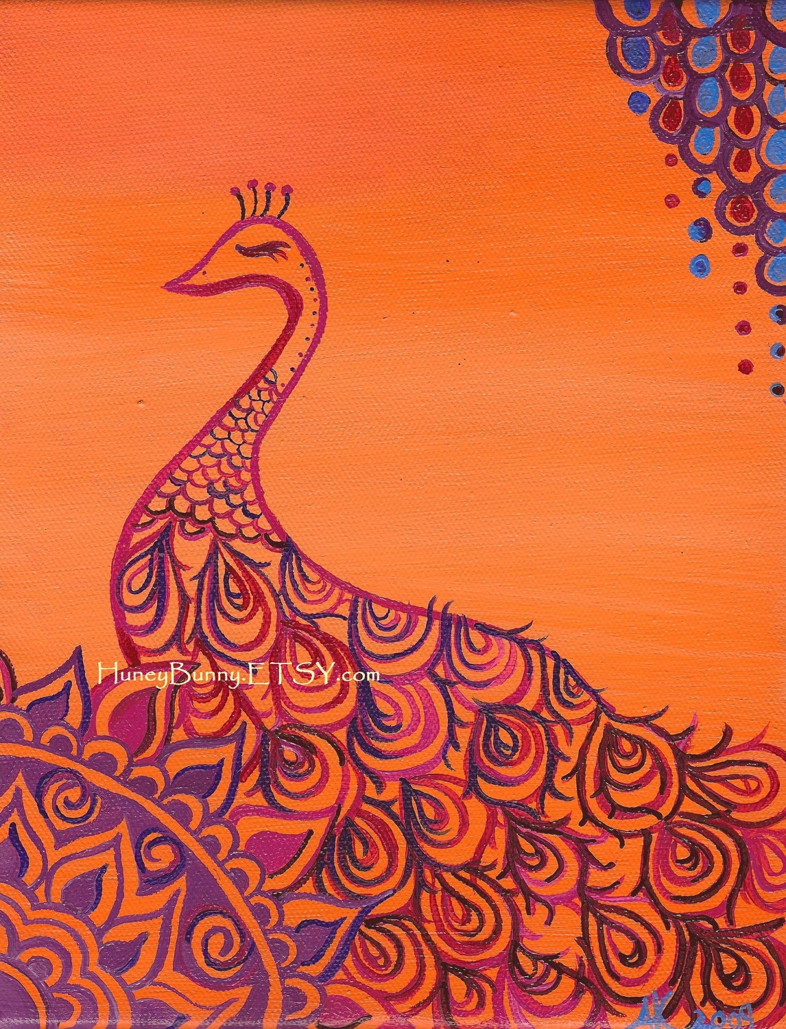 Orange PEACOCK ART Print. 8x10 Print of an Original Oil on Canvas Painting. Whimsical Artwork of Allie Kelley