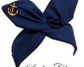 Pin Up ROCKABILLY Wire Headband - Navy Blue Nautical Sailor girl with Gold Anchor Hair Wrap