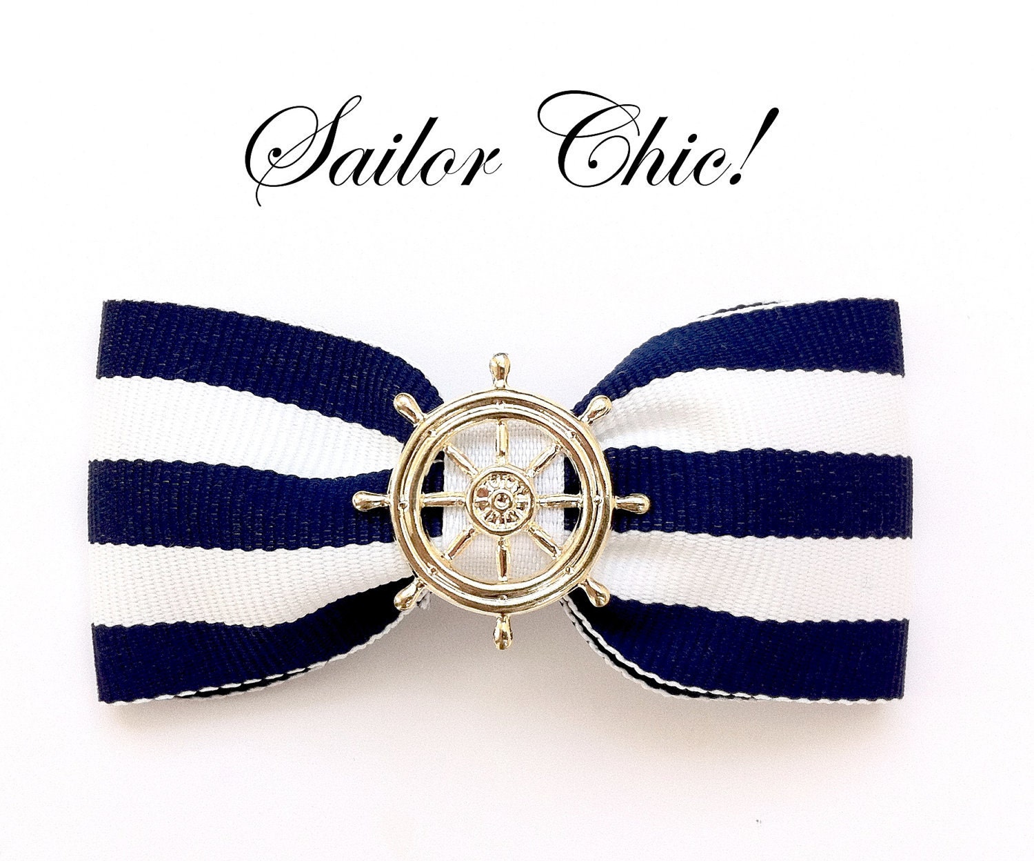 Navy Blue & White stripe hair bow on clip with Vintage Gold Anchor Ships Wheel Rockabilly Pin Up girl