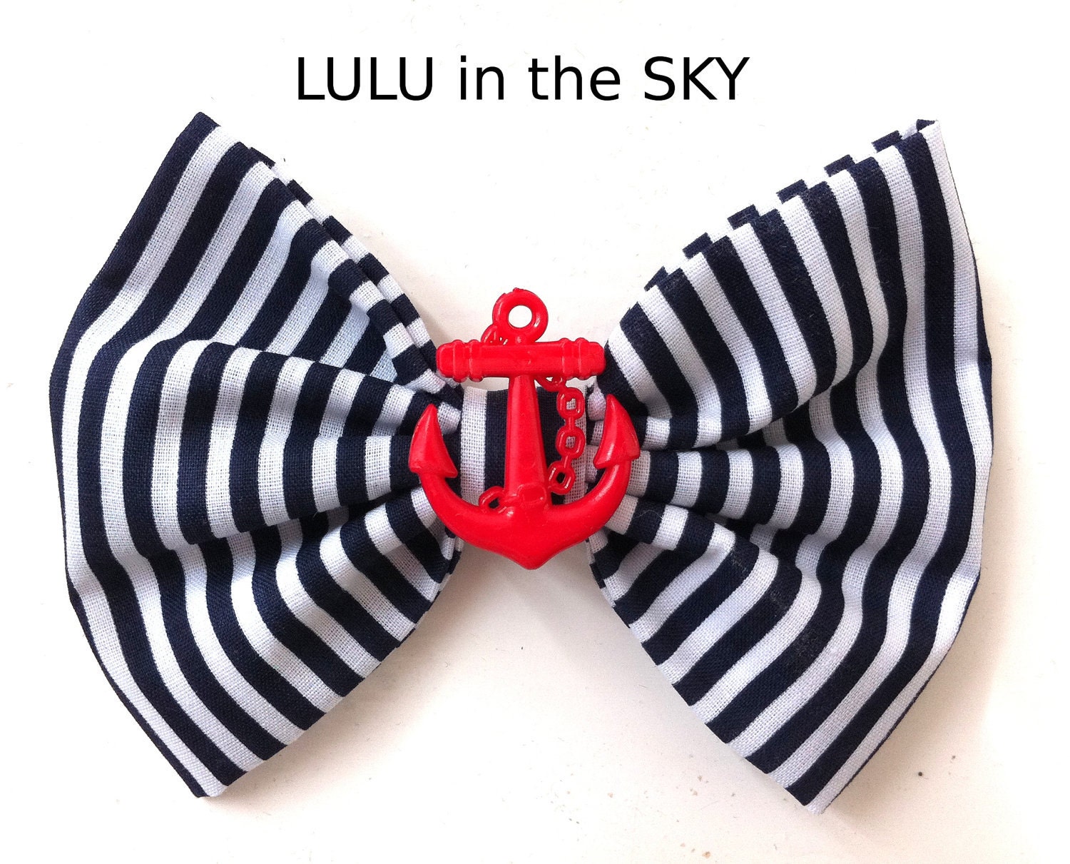 Rockabilly Pin up Navy Blue & White stripe Nautical Sailor Hair Bow Clip with Red Anchor