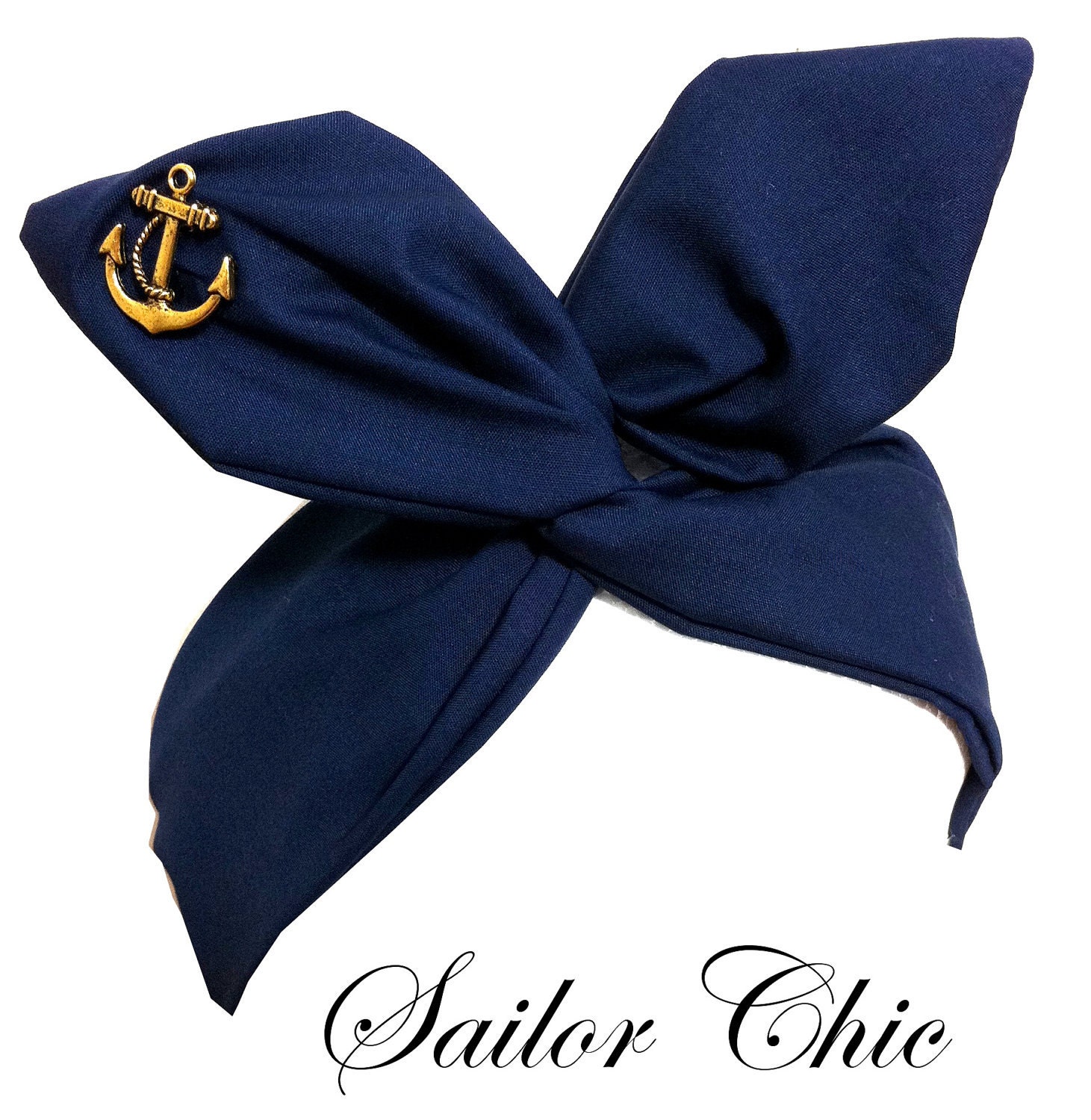 Pin Up ROCKABILLY Wire Headband - Navy Blue Nautical Sailor girl with Gold Anchor Hair Wrap