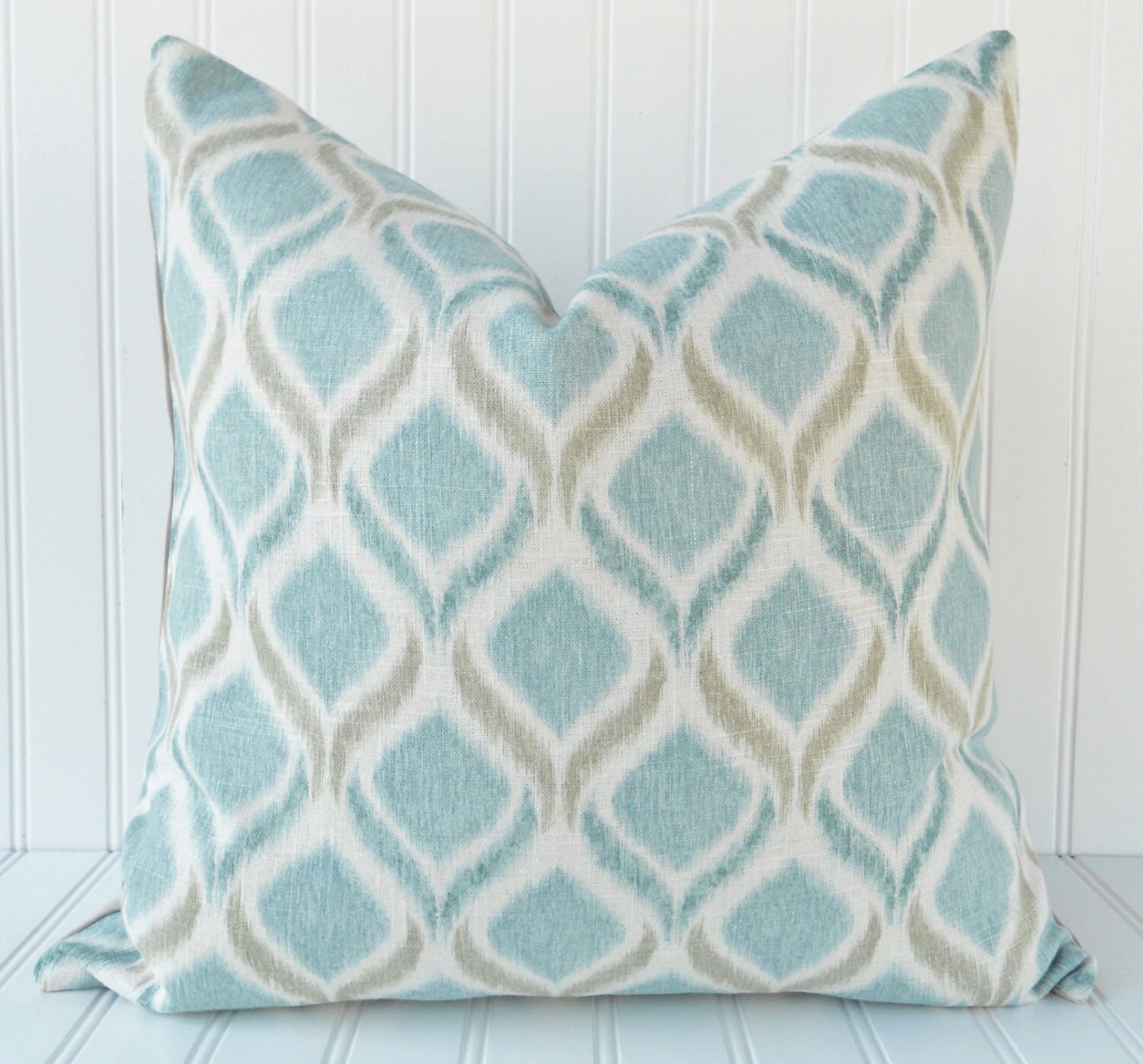 Blue IKAT Throw Pillow - 18 x 18 inch - Blue Teal Taupe and Ivory - Rayon/Linen - Blue Ikat Pillow Cover