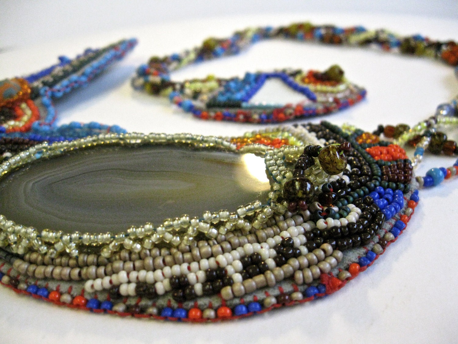 SUNSET bead embroidered agate polymer clay necklace with velcro clasp