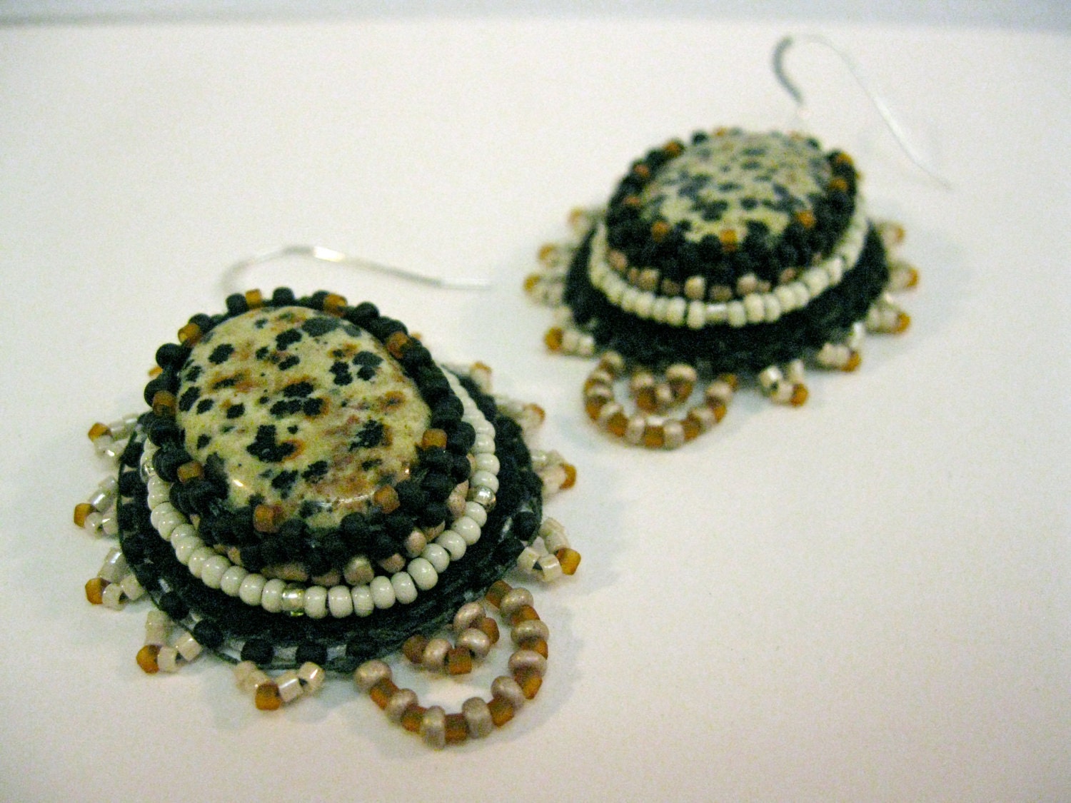 101 DALMATIANS dalmatian jasper bead embroidered sterling silver earrings