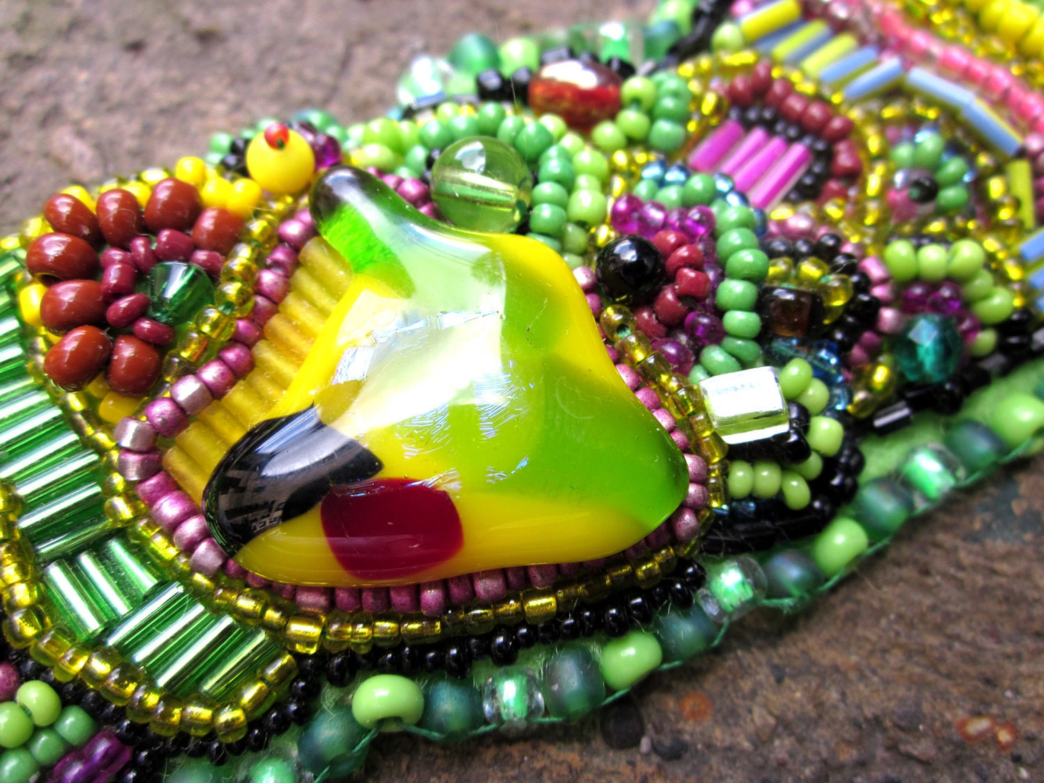 The GRASS is GREENER fused glass cabochon bead embroidered leather cuff - will fit smaller AND larger wrists