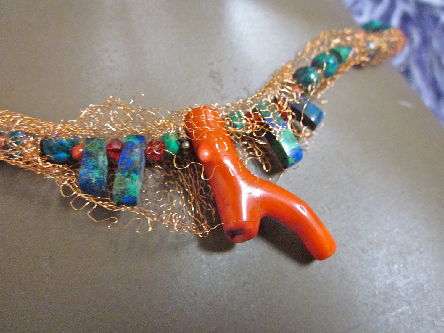 COPPER REEF beaded mesh necklace with gemstones and fossil coral