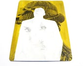 aceo: neon art, original aceo, painting, chartreuse, tiny art, silhouette, mod, bowler hat, 60s