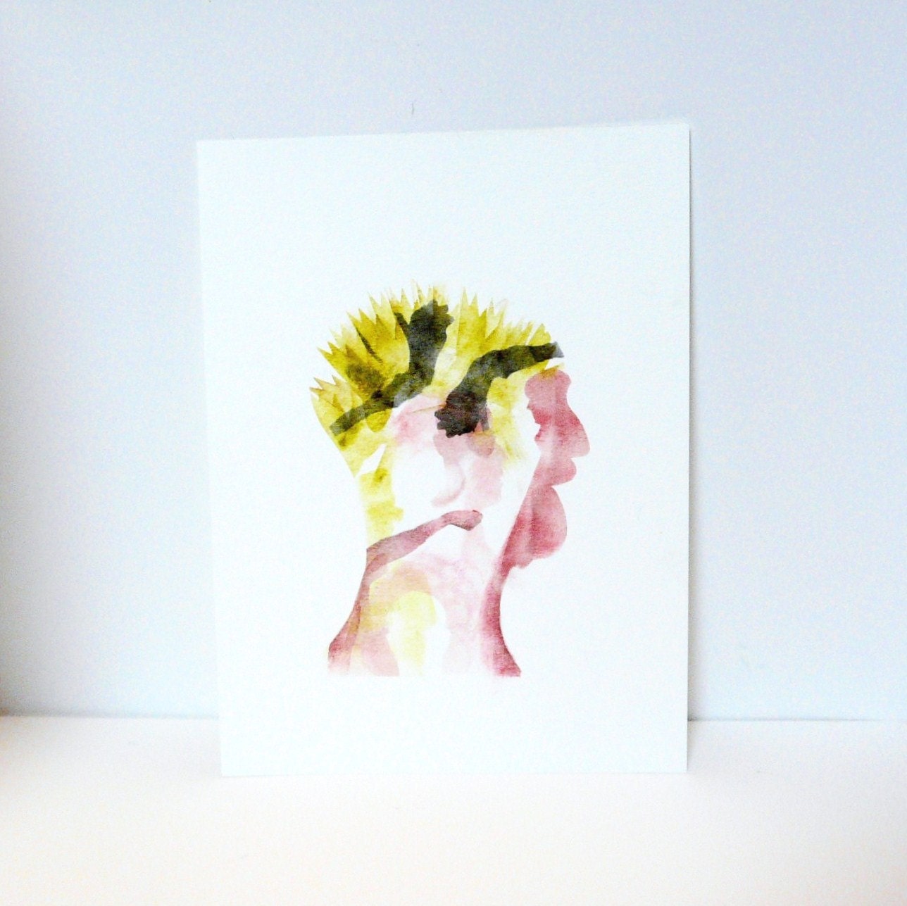head silhouette illustration  //   original ink art  //  chartreuse, pink, graffiti portrait, philosophy