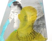 neon art, 60s, silhouette portrait  --  original aceo, artist trading card, mod popart, kitsch, chartreuse, aqua blue