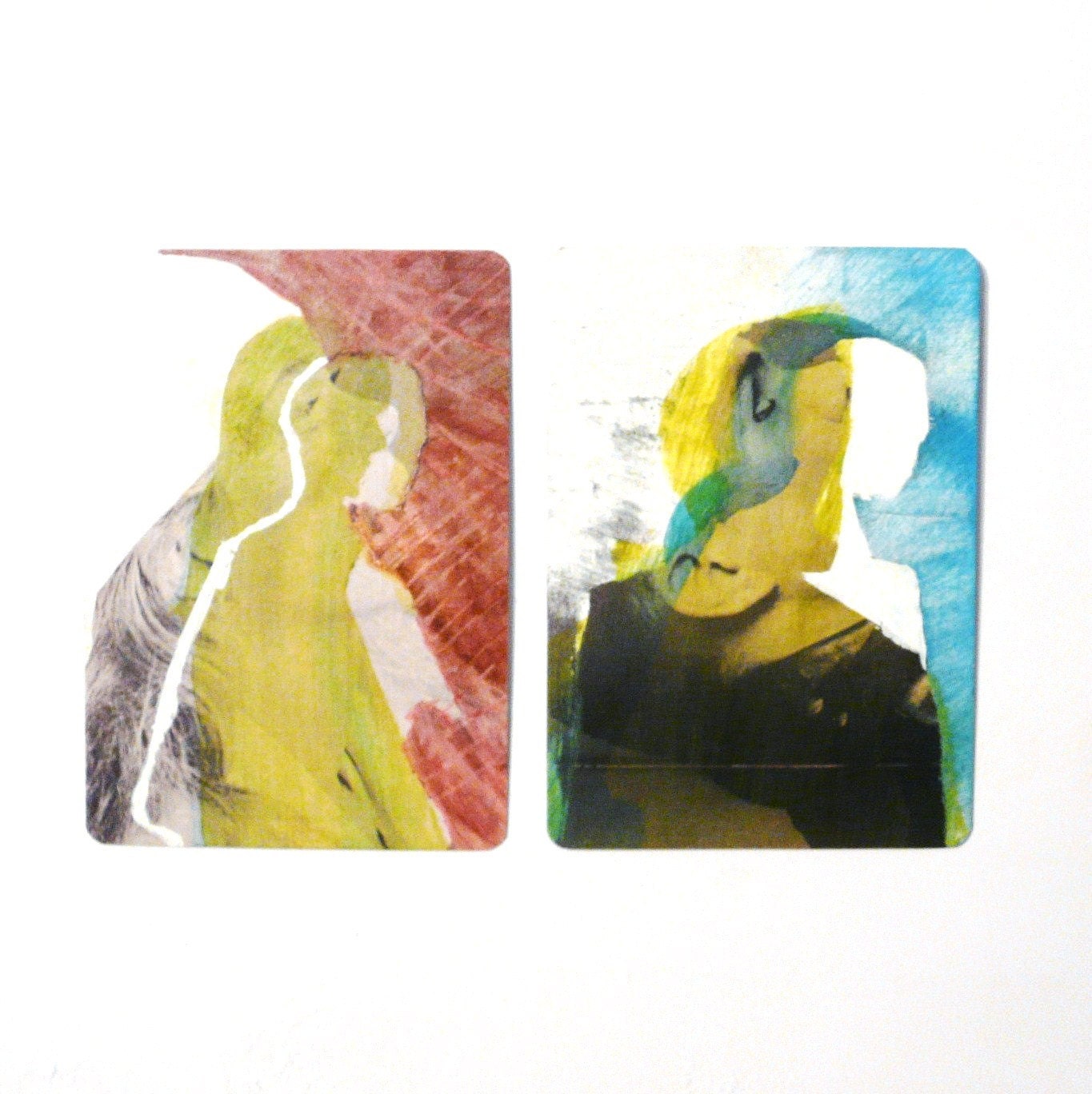 original aceo collages  //  80's pop street art  - pink aqua chartreuse - woman silhouette portrait, artist trading cards