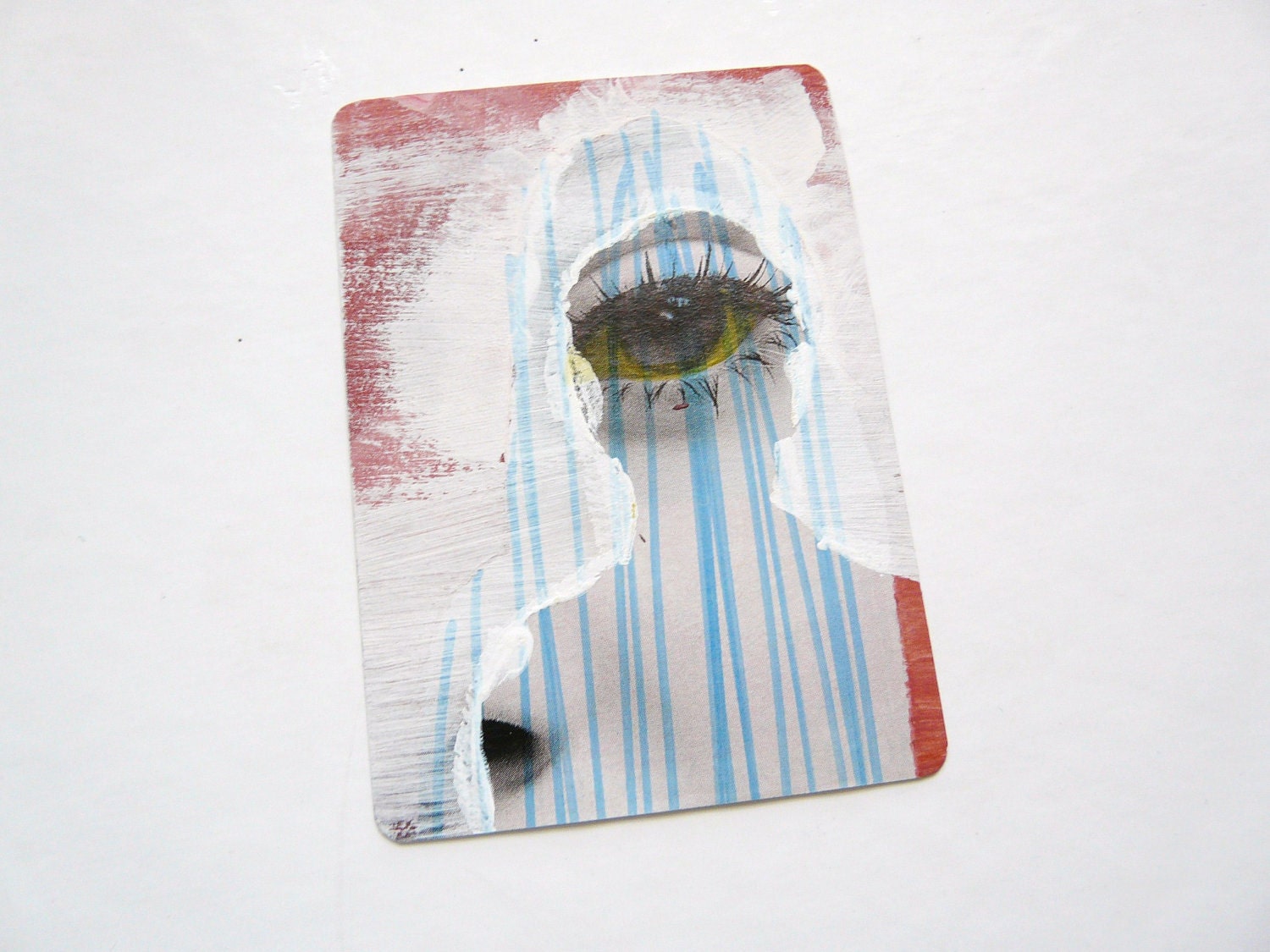 original ACEO pop art portrait  --  altered magazine photo  --  woman eye, face, pink, blue, yellow, outsider art, eyes