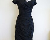 DRAMATIC 1950s Sculptured Designer KAY SELIG Bombshell Draped Cocktail Dress - Off The Shoulder Plunge Bust Gathered Ruched Wiggle Dress