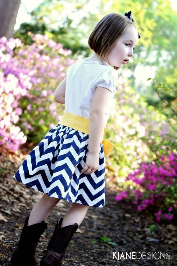 Navy and White Chevron Skirt with Buttercup Sash, Matching Rosette Shirt and Coordinating Bow.  Sizes 3 months - girls size 10.