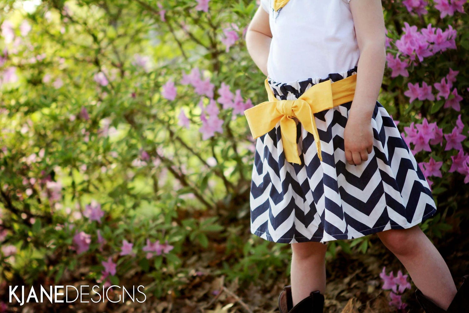 Navy and White Chevron Skirt with Buttercup Sash, Matching Rosette Shirt and Coordinating Bow.  Sizes 3 months - girls size 10.