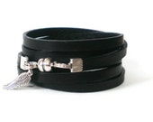 black leather wrap bracelet, unisex, silver angel wings, leather cord, boho, rocker style - jcudesigns