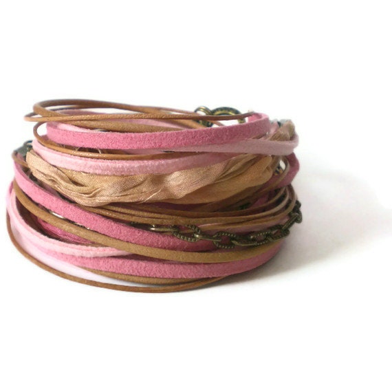 pink wrap bracelet, suede, natural leather, silk ribbon, antique brass chain, boho, triple wrap - jcudesigns