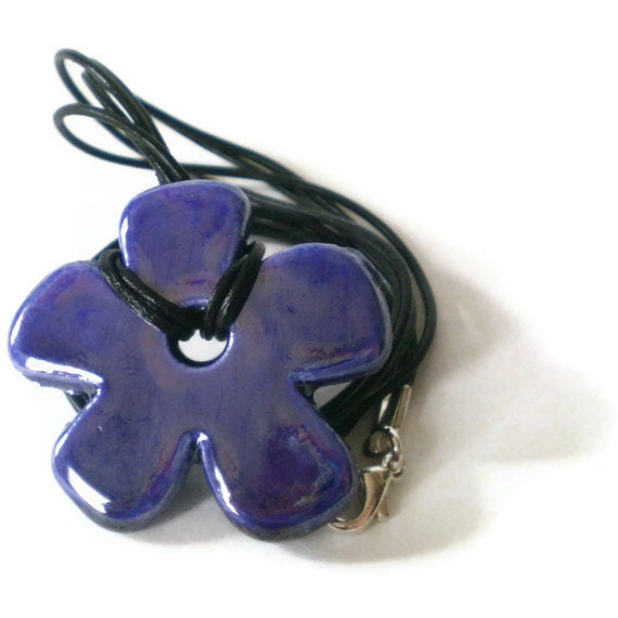 blue flower necklace, ceramic pendant, black leather cord , shabby chic, daisy, cobalt blue