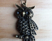 Ornate Owl with Obsidian Long Necklace