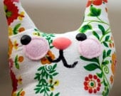 Yachats - stuffed whimsy cat with floral pattern and sweet smile