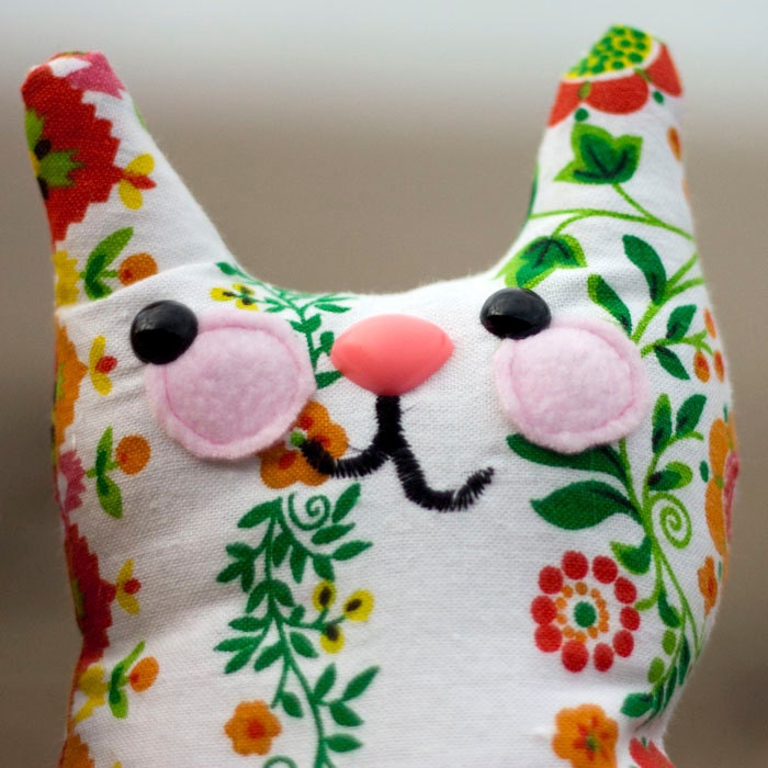 Yachats - stuffed whimsy cat with floral pattern and sweet smile