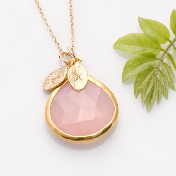 Bridesmaid stamped jewelry - Pink Quartz bezel Necklace - Personalized - Bridesmaid Necklace - Custom Initial Necklace - Personalized