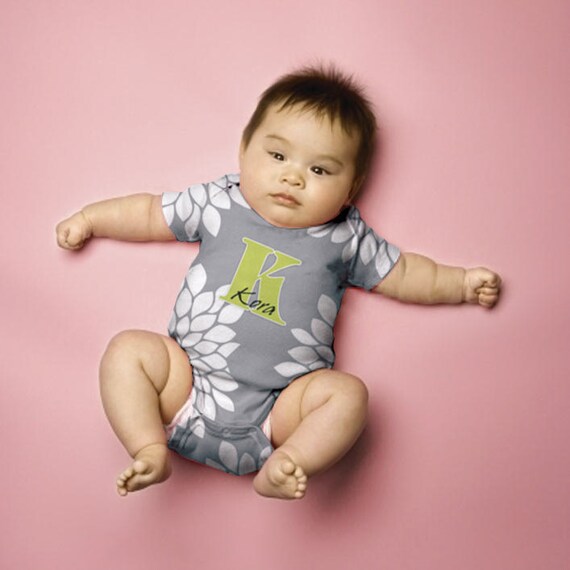 Infant Girl Mums Onesie, Personalized Grey and Green Monogram, Infant Onesies
