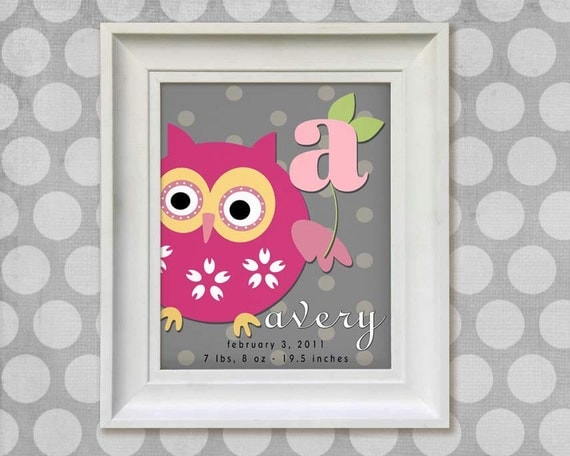 Childrens Owl Art Print - Personalized 8x10 Gray Polka Dots Baby Room Decor