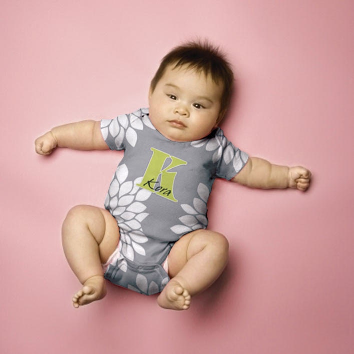 Infant Girl Mums Onesie, Personalized Grey and Green Monogram, Infant Onesies