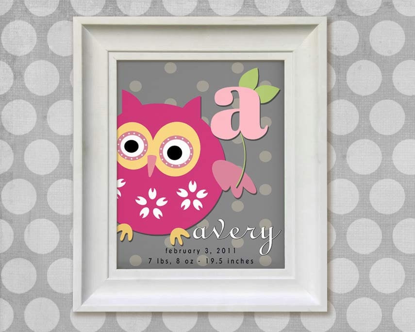 Childrens Owl Art Print - Personalized 8x10 Gray Polka Dots Baby Room Decor