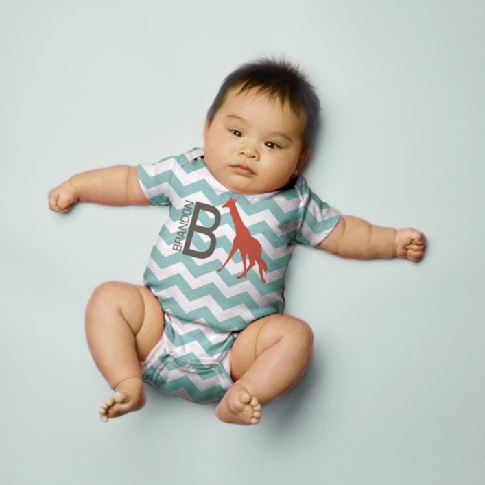 Baby Boy Chevron Onesie, Personalized Red Giraffe Snapsuit