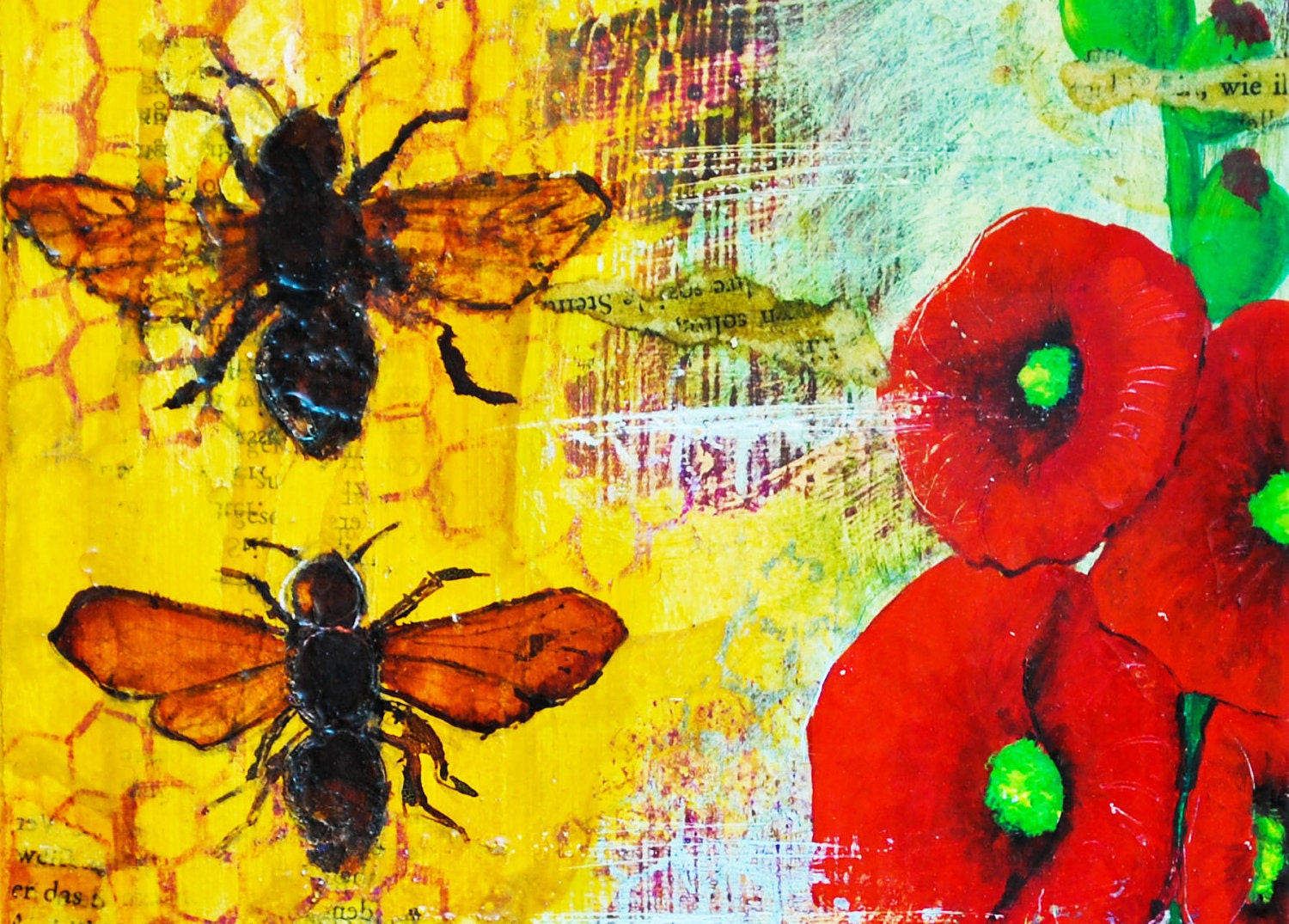 Bees and Flowers Mixed Media Art Print Blank Card