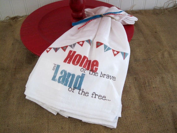Patriotic Red White and Blue Flour Sack Kitchen Hand Towels - Set of 2 - Home fo the brave and land of the free