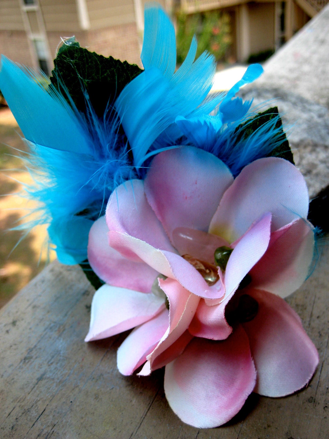 Rockabilly, Pin Up Hawaiin Inspired Plumerias with Precious Stone Centerpieces