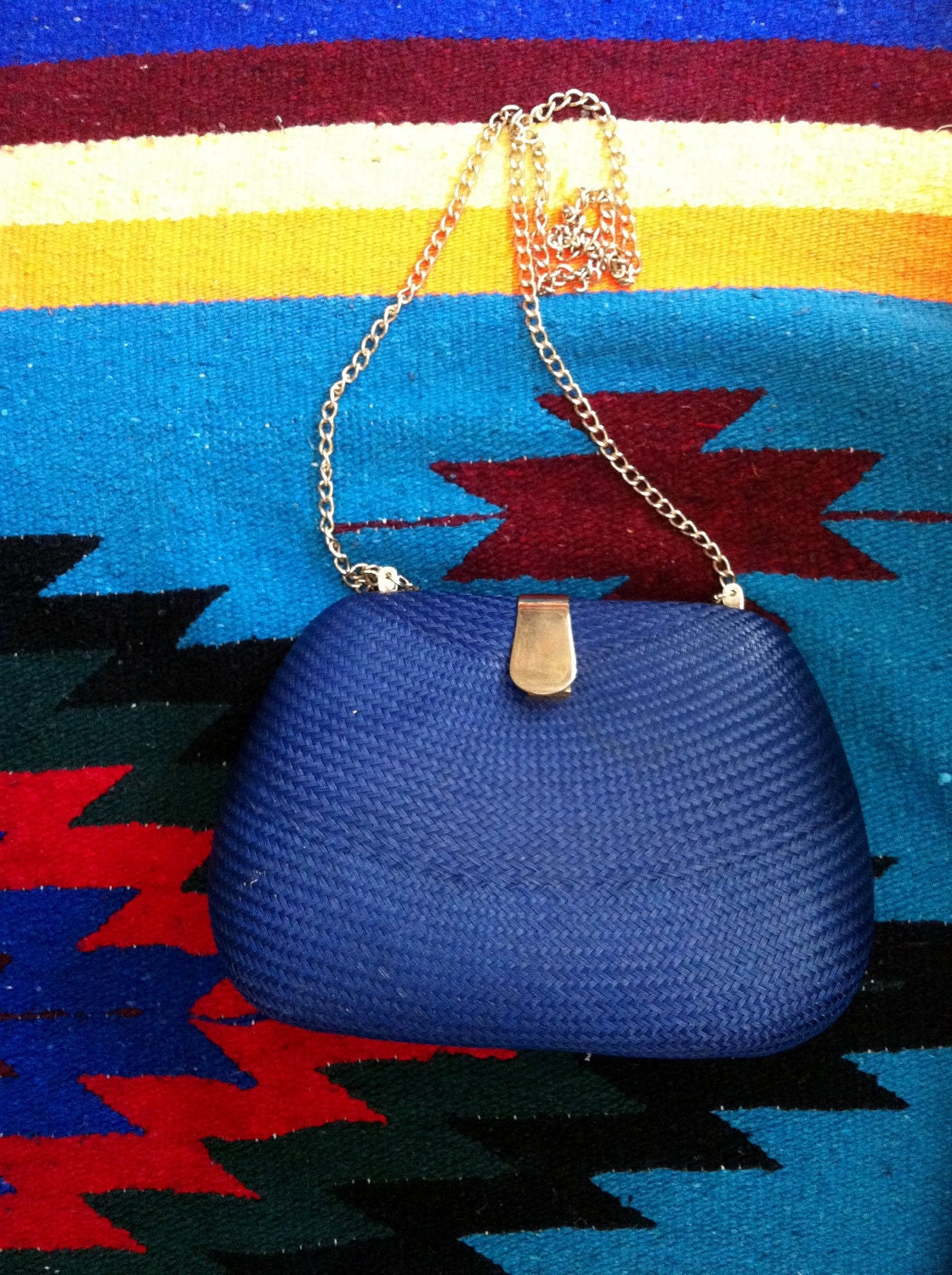 Vintage Cobalt Blue Purse 60s Gold Chain Wicker