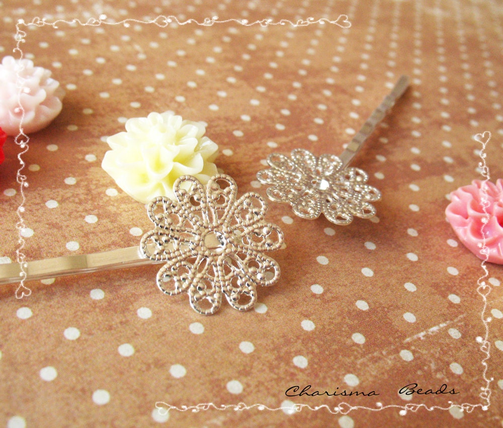 24 Filigree Bobby Pins Hair ornaments Silver color, Round, 17x57mm, Hole: 1mm