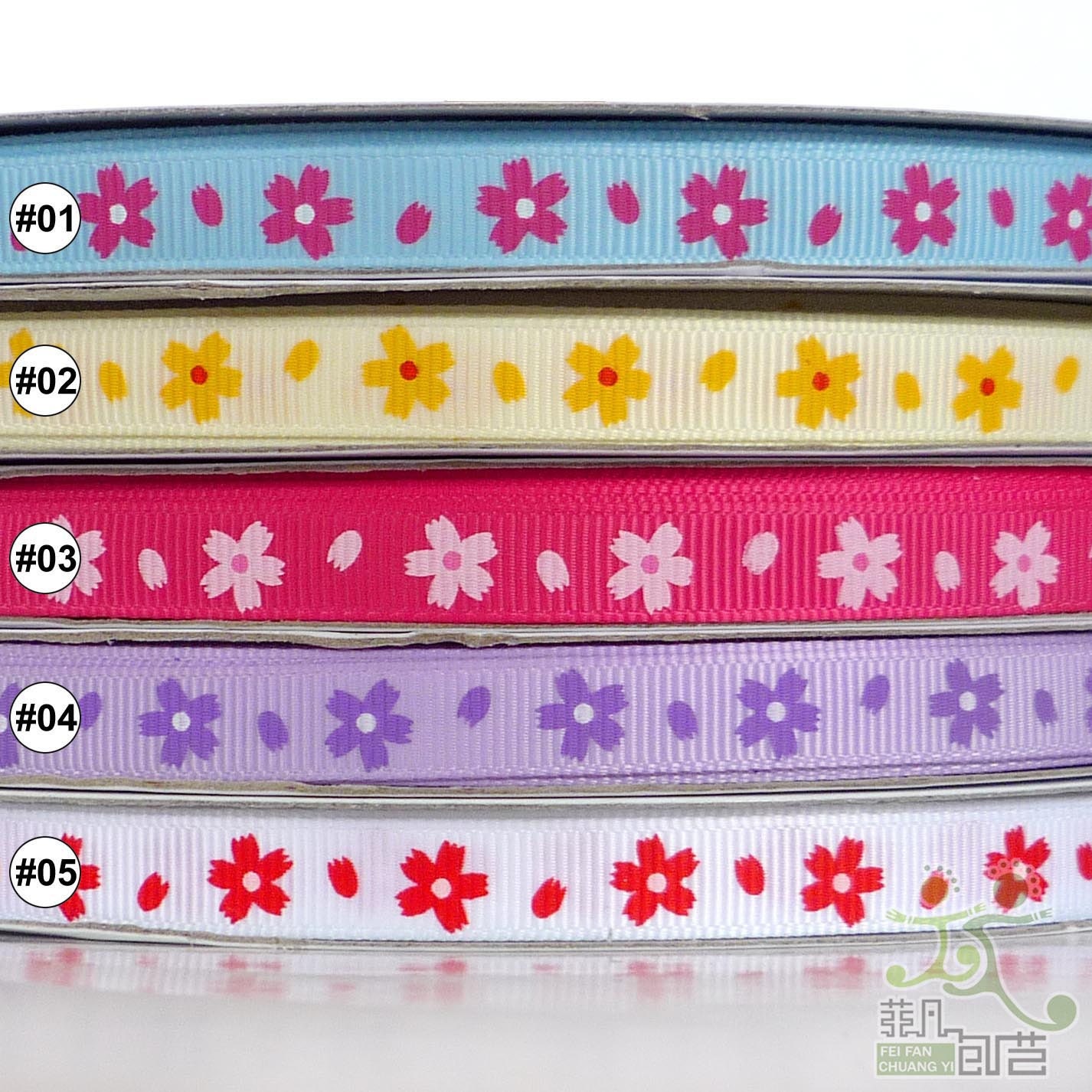 3/8"9mm blue/yellow/pink/purple/white flower Grosgrain RIBBON lot bow 5 yard hairbow scarpbook