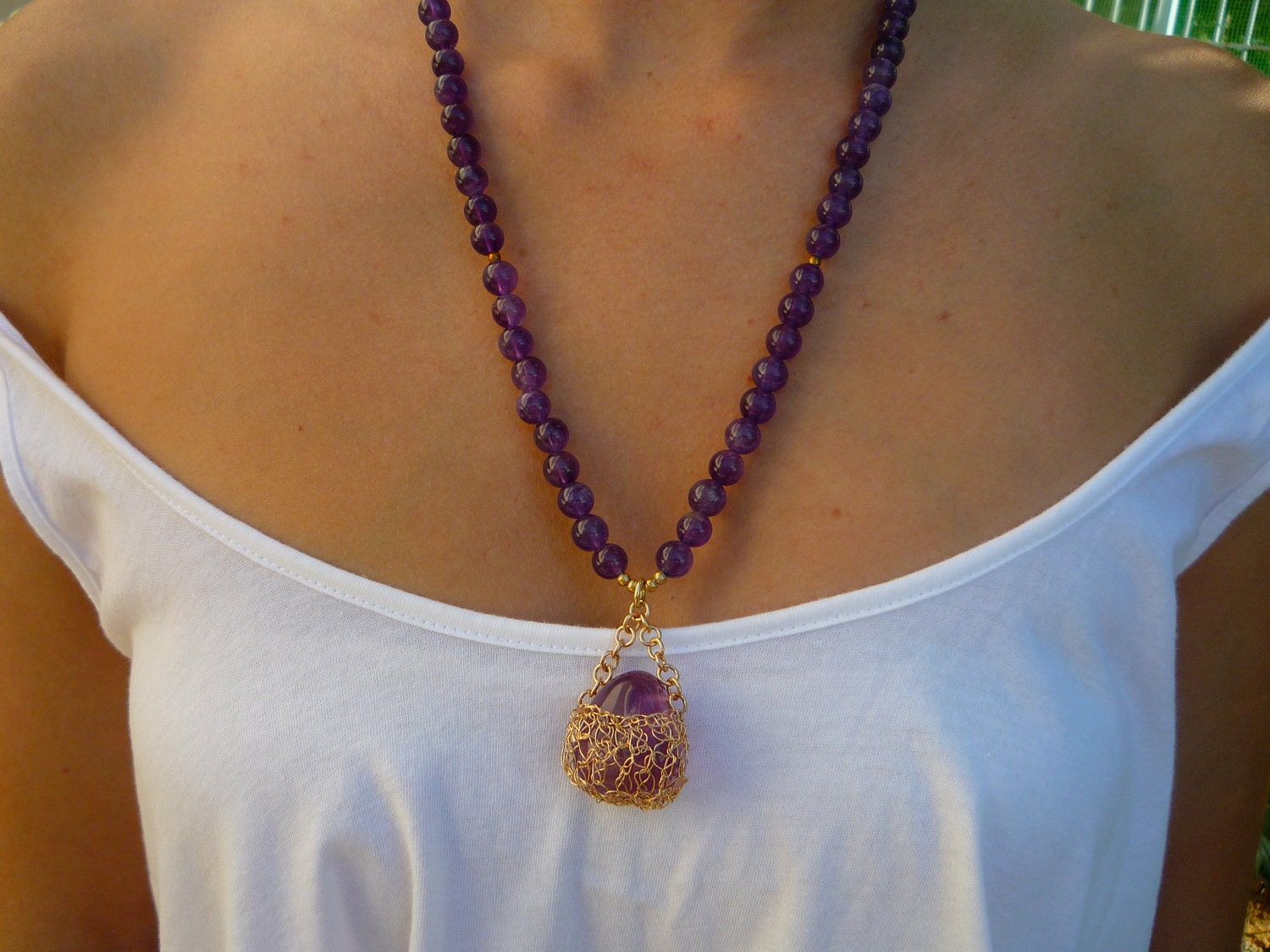 Amethyst semiprecious stones and Flourite in crocheted basket  pendant ,necklace.