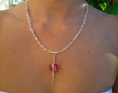 Crystal and Rose  Quartz semiprecious stones necklace with  rose  Swarovski heart pendant.