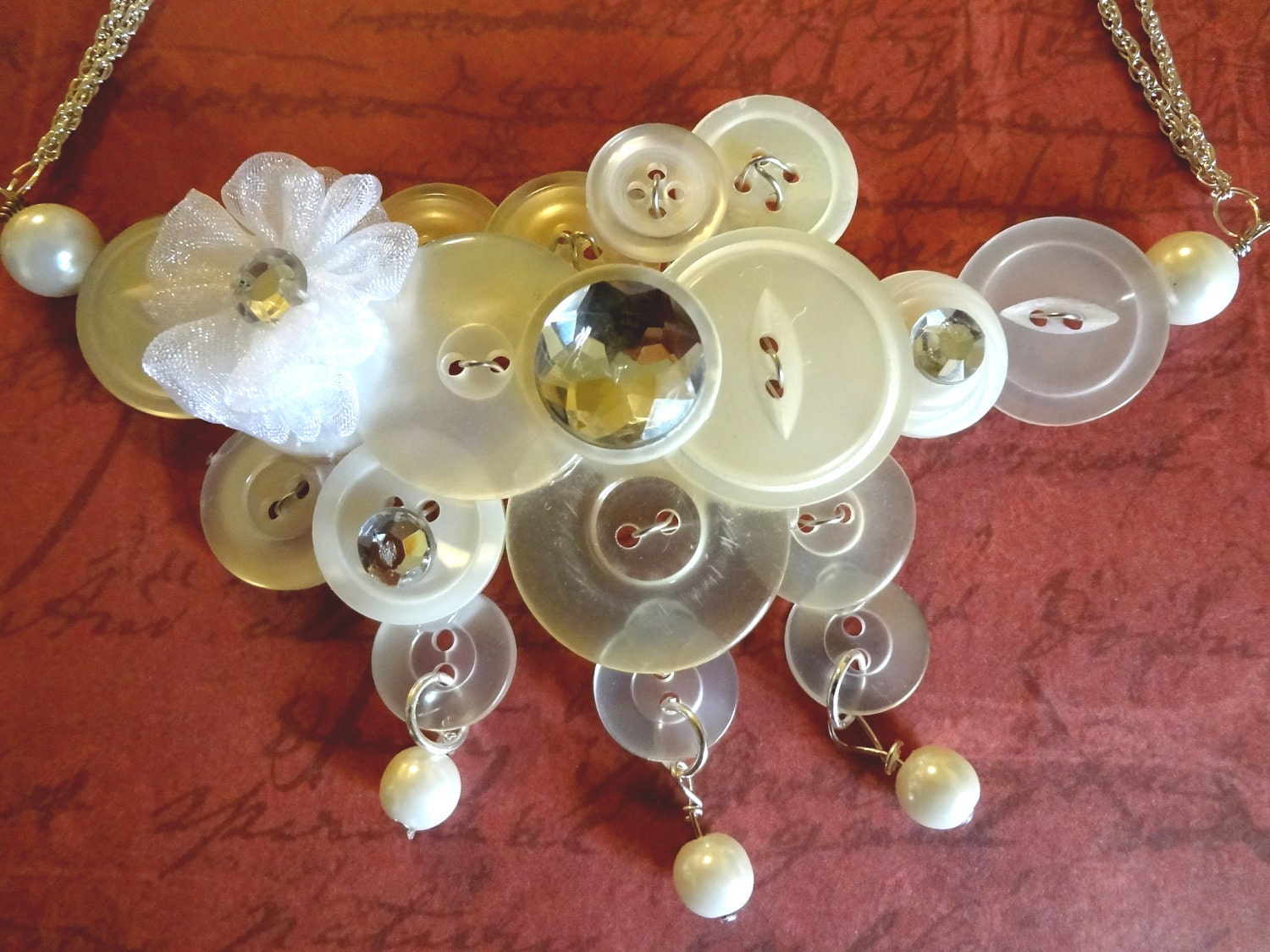 Pearls and Lace Button Necklace Button Jewelry Vintage Buttons Pearls Repurposed Buttons T824
