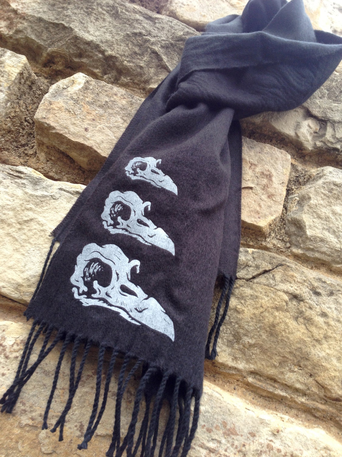 Crow Skull Hand-Printed Black Cashmere Feel Scarf