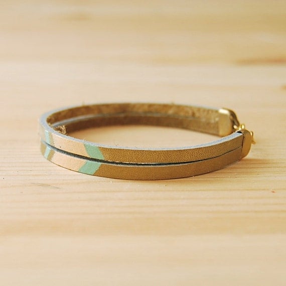 Leather Bracelet in Beige with Pink and Seafoam Green Chevron Pattern, "The Pecos Handpainted"