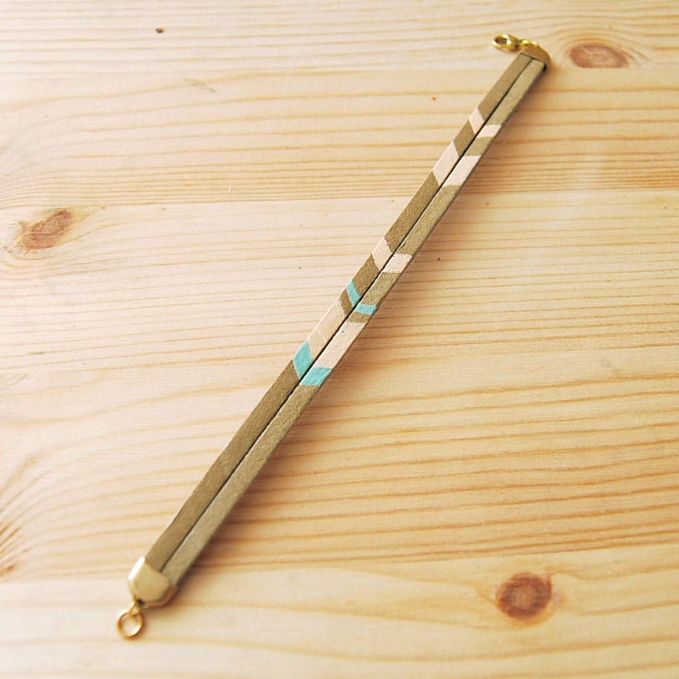 Leather Bracelet in Beige with Pink and Seafoam Green Chevron Pattern, "The Pecos Handpainted"