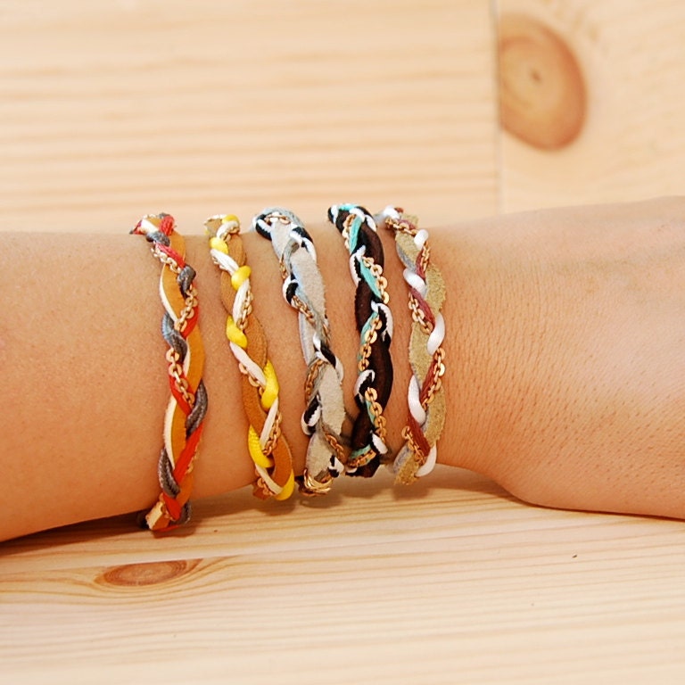 Leather & Brass Braided Bracelet in Black and Teal, "The Bohemian"