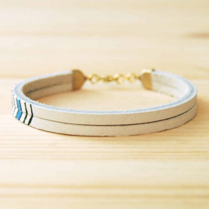 Leather Bracelet in White with Pink and Blue Chevron Pattern, "The Pecos Handpainted"